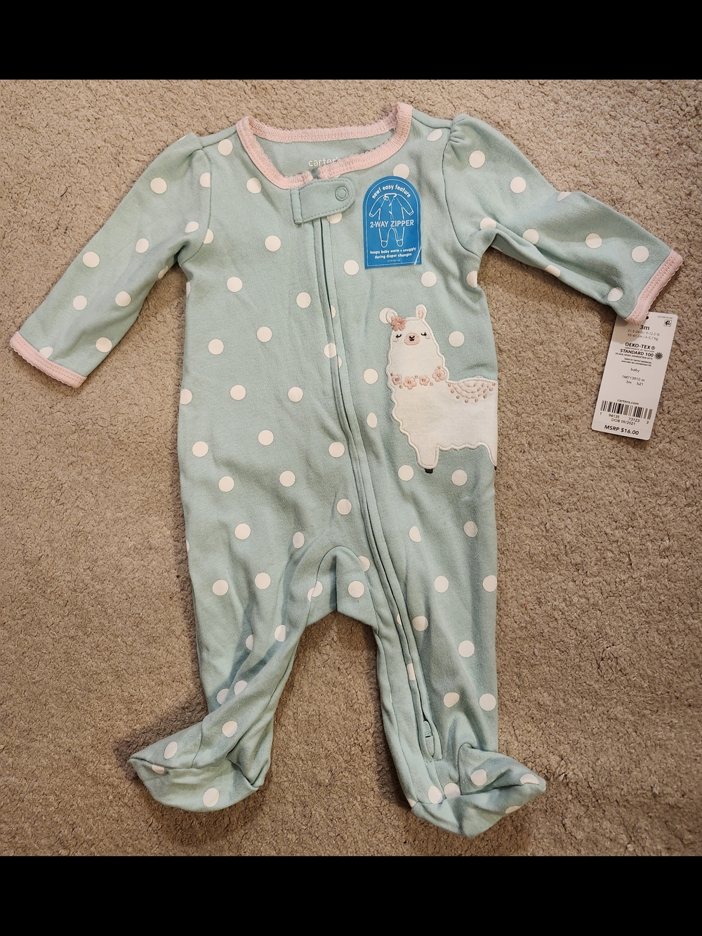 Carter's Mint Green Polka Dot Llama Footie with Pink Trim